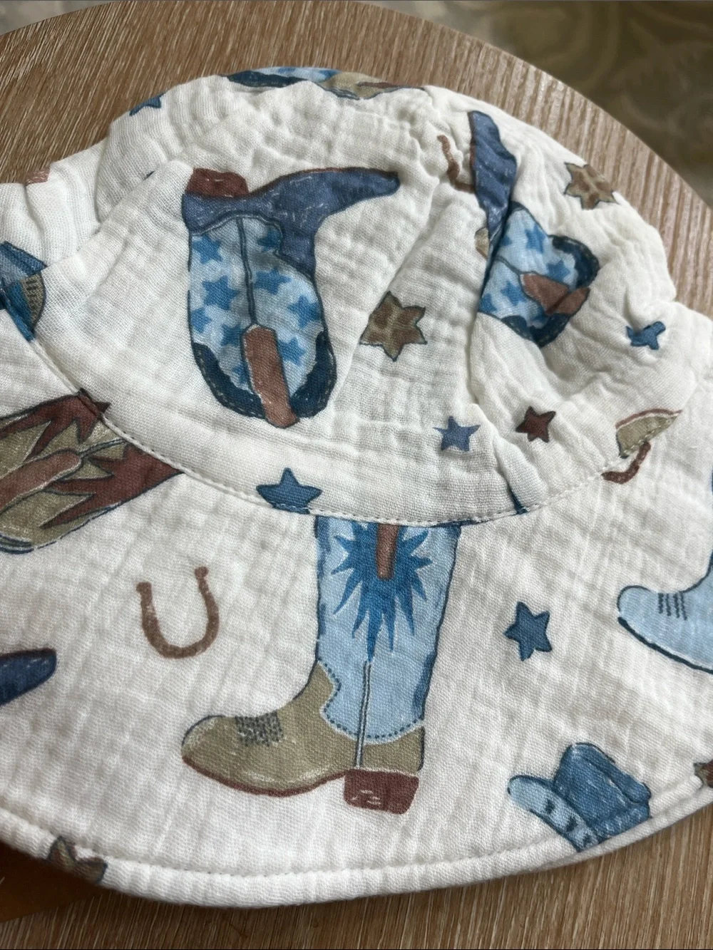 Angel Dear Kids Sun Hat with Cowboy Boot Print in White, Blue & Brown